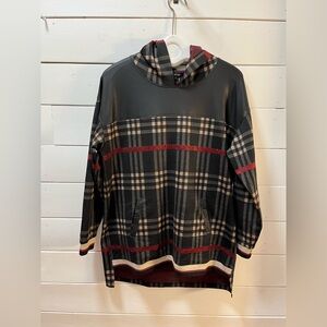 TRICOTTO Black Plaid Hooded Tunic Sweater – Burgundy Accents – Size L